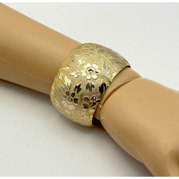 Vintage Wide Cuff Bracelet Floral Gold Tone Ornate Embossed Costume Jewelry - Picture 2 of 9